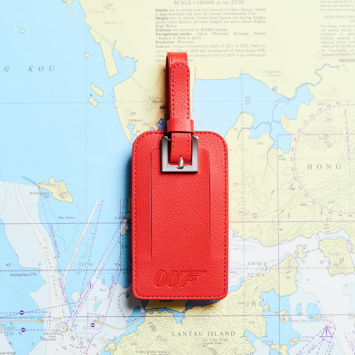 James Bond Personalised Red Leather Luggage Tag