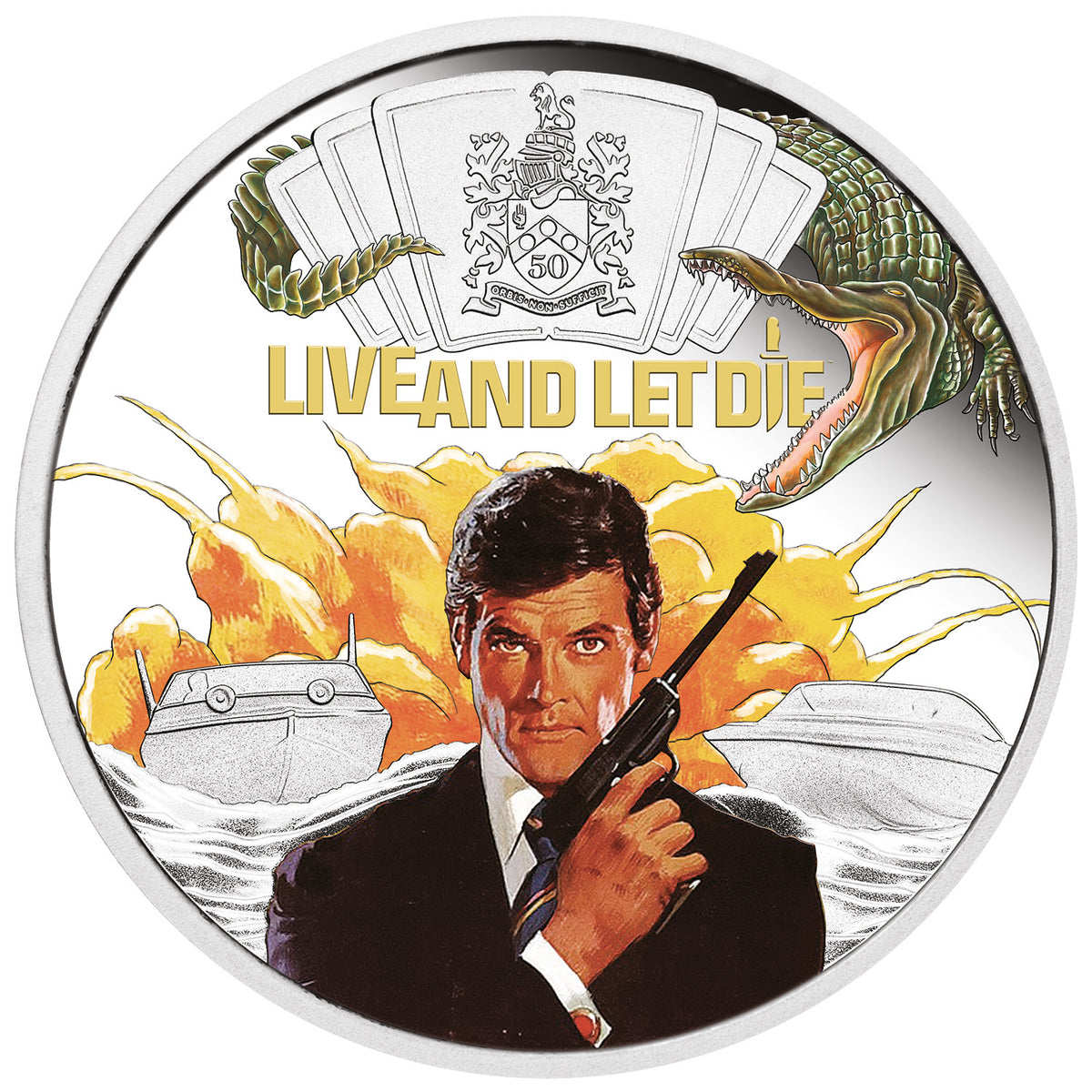 James Bond 1 oz Silbermünze in Proof-Farbe – Nummerierte Ausgabe zum 50. Jubiläum von „Live And Let Die“ – von der Perth Mint