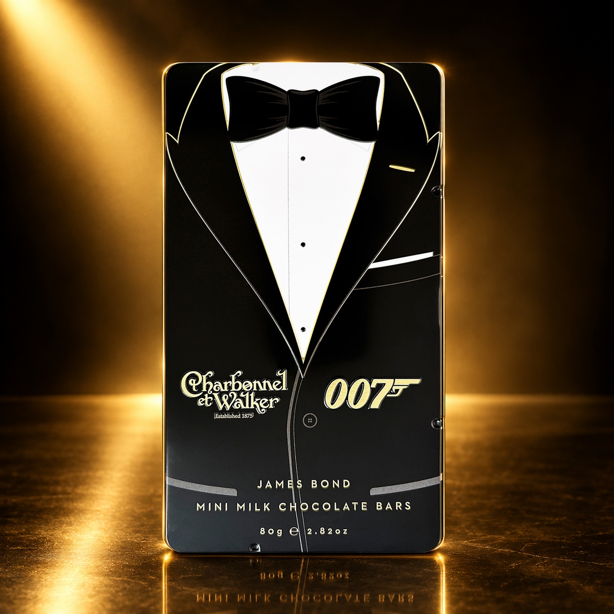James Bond Mini Milk Chocolate Bars Tuxedo Tin - By Charbonnel et Walker (80g)