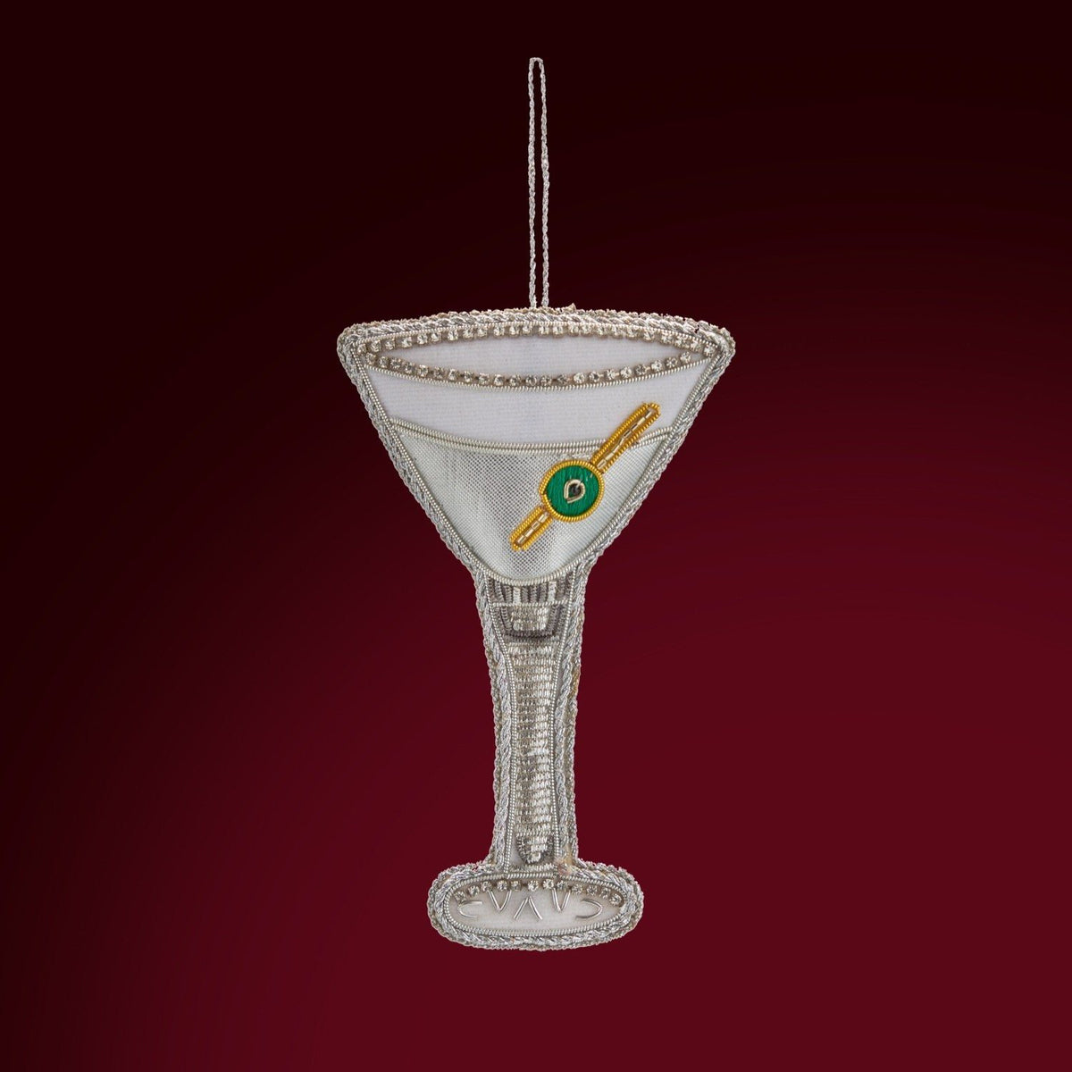 007 Christmas Decoration - Silver Lurex Martini Glass with Olive DECORATION Tinker Tailor 