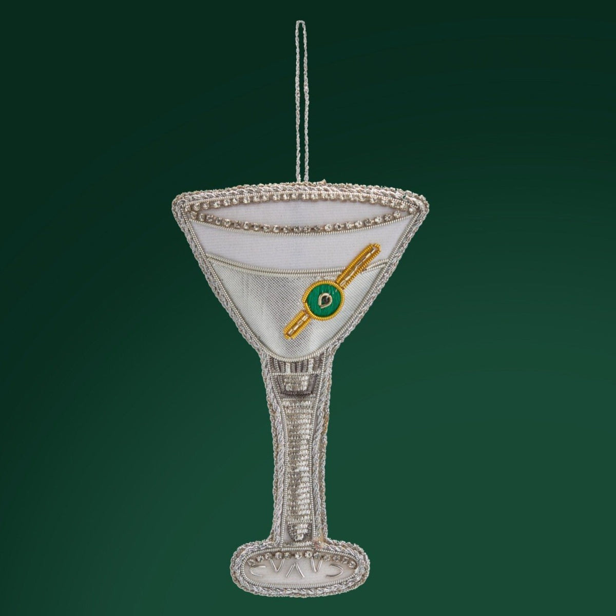 007 Christmas Decoration - Silver Lurex Martini Glass with Olive DECORATION Tinker Tailor 