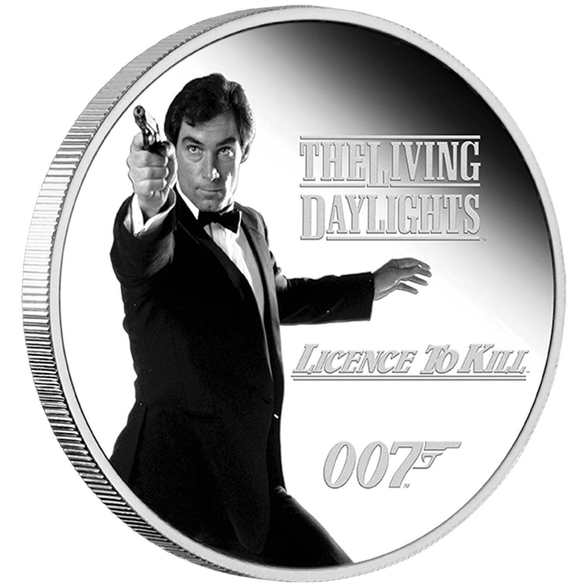James Bond Timothy Dalton 1 Unze Silbermünze in polierter Platte – nummerierte Ausgabe – von der Perth Mint